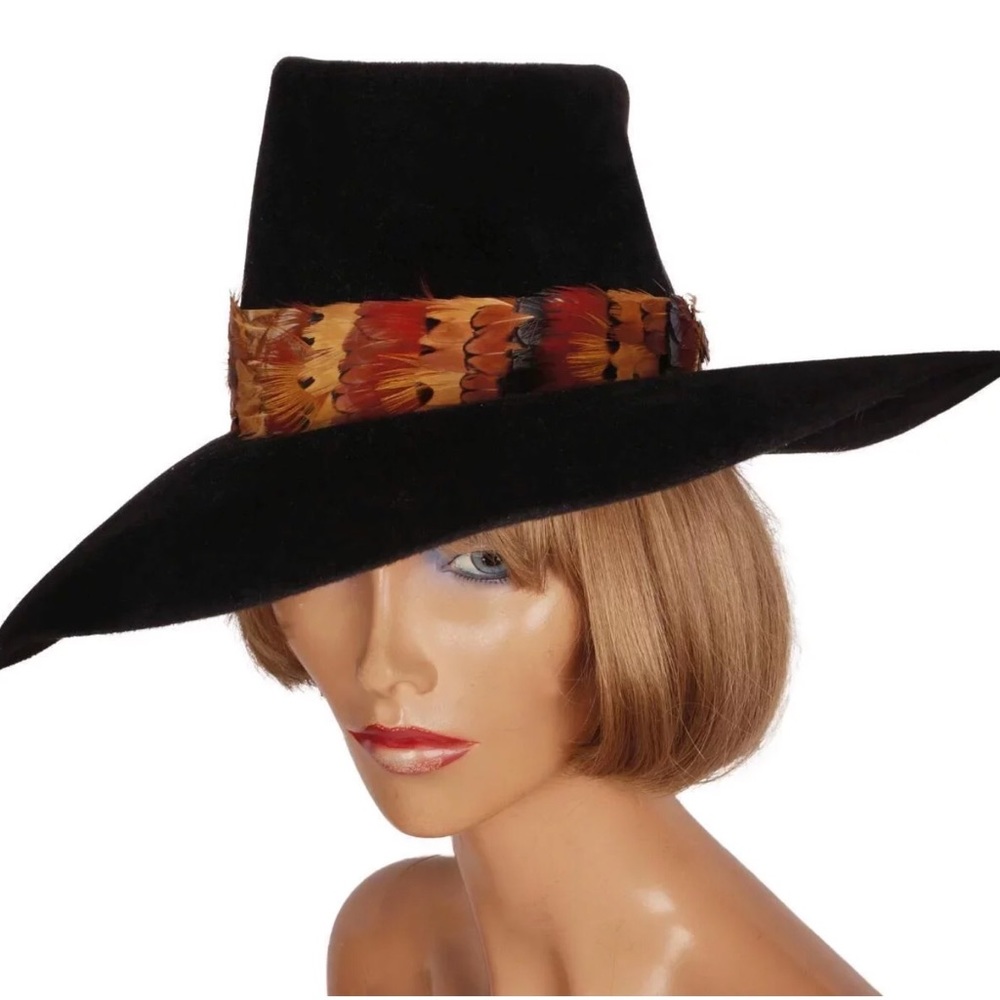 Vintage 1960s Wide Brim Black Hat by Atelier Lucas London Velour Felt Ladies S